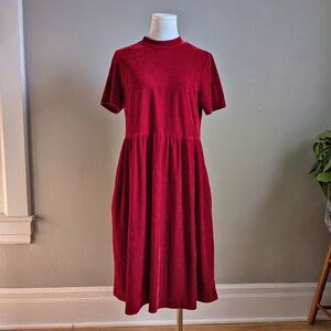 Vintage 90s Ashley Le Mieux Red Crushed Velvet Babydoll Dress Mock Neck Size L
